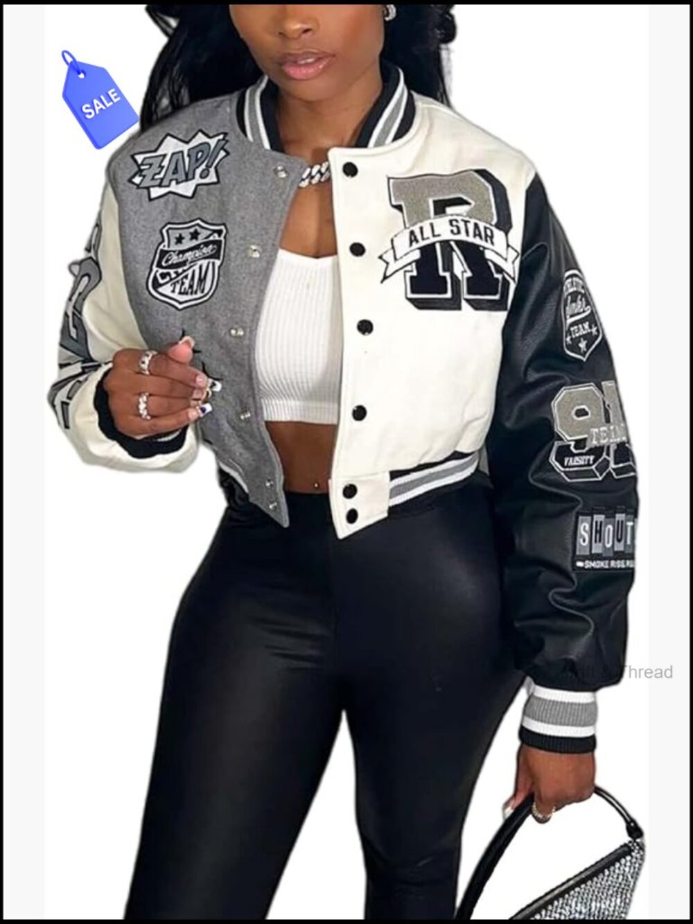 Cropped Varsity Jacket Colorblock Letter Print Button Down Bomber Coat with